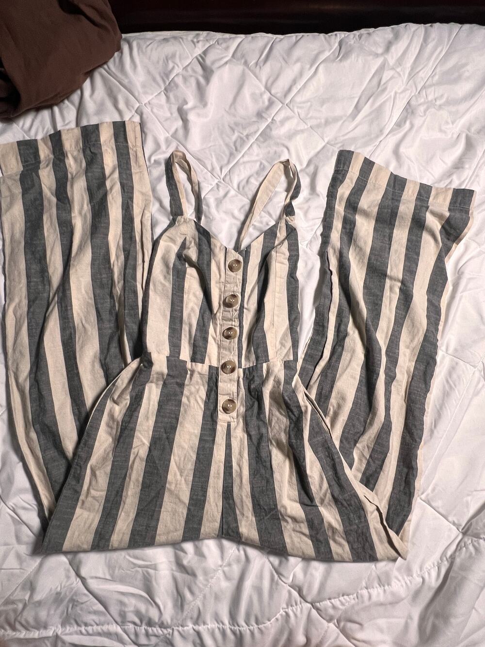 Japna Cream Gray Striped Wide Leg Tie Back Jumpsuit XS